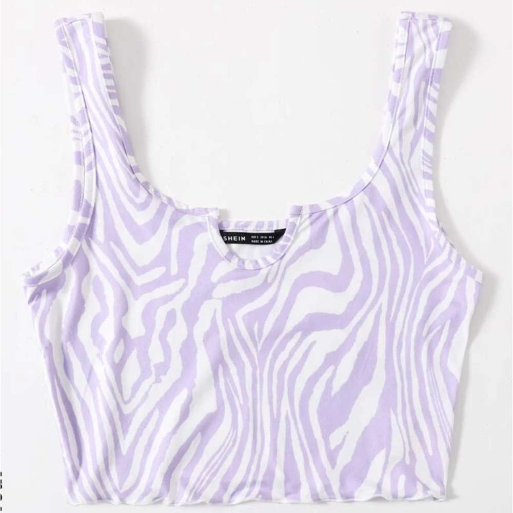 Notched Neck Lettuce Trim Zebra Striped Cropped Tank Top XS